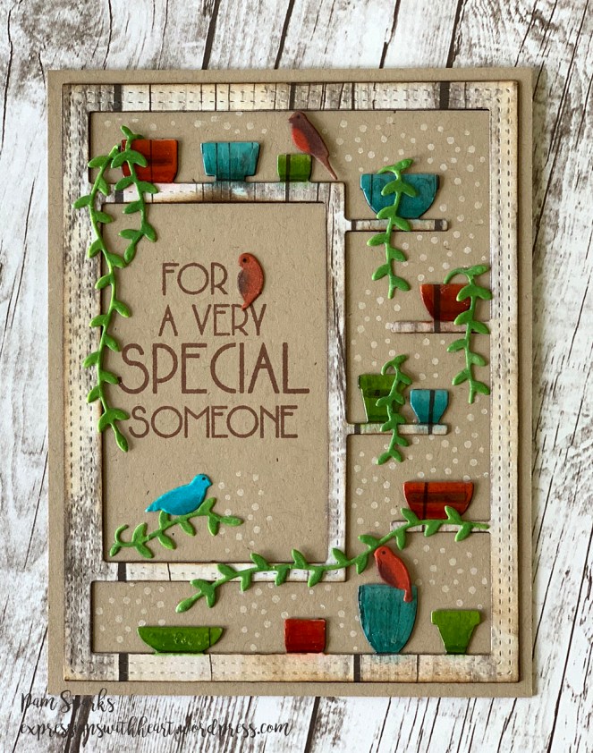 Pam Sparks Greenhouse Potted Plants and Shelves BIRD added over A